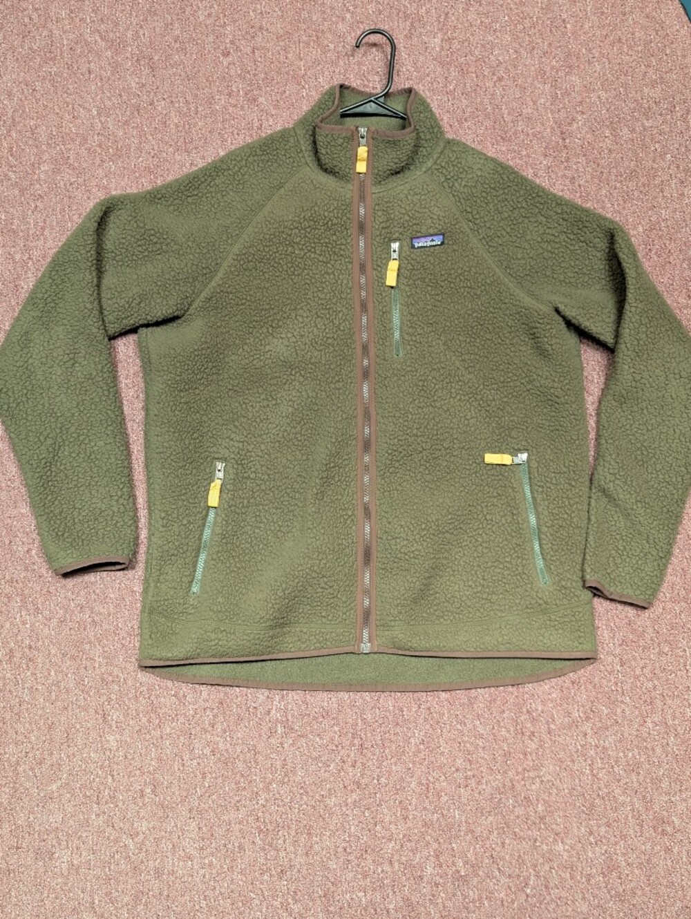 Patagonia Olive Green Sherpa Full-Zip Jacket with Yellow Accents